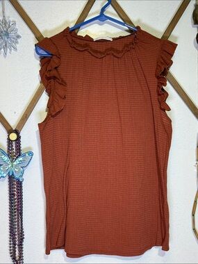 Ces Femme Rust Ruffle Mock Neck Sleeveless Top